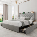Einhomn Queen Bed Frame with 4 Storage Drawers, Upholstered Bed Frame with Large Wingback Headboard, Charging Station, No Box Spring Needed, Light Grey