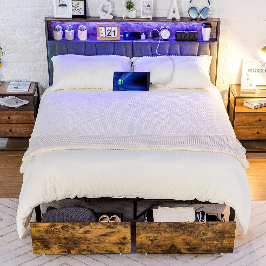 COMHOMA Queen Size Platform Bed Frame with LED Lights and Charging Station, Storage Headboard and Footboard Drawers, No Box Spring Needed, Rustic Wood Look