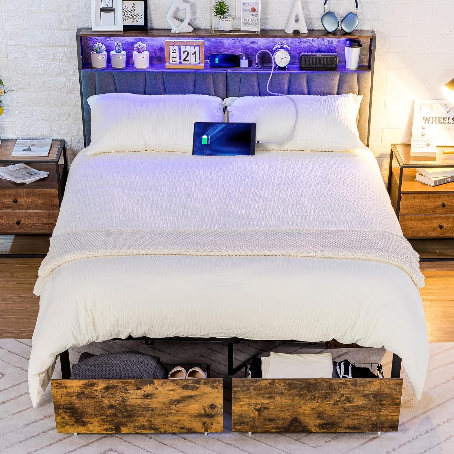 COMHOMA Queen Size Platform Bed Frame with LED Lights and Charging Station, Storage Headboard and Footboard Drawers, No Box Spring Needed, Rustic Wood Look