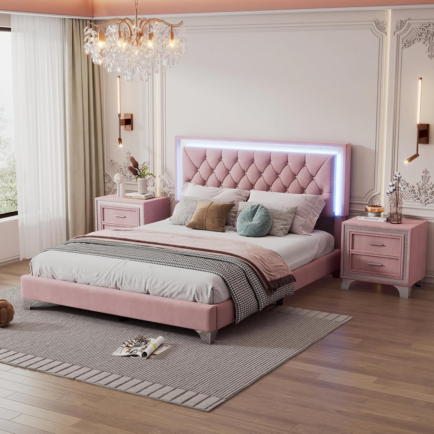 Flieks Bedroom Sets, 3-Pieces Bedroom Sets, Queen Size Upholstered Platform Bed with LED Lights and 2 Nightstands, Pink