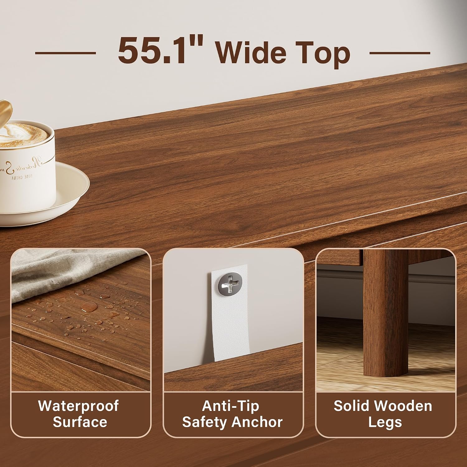 Furniway Walnut Mid-Century Modern 3 Piece Bedroom Furniture Set, 6 Drawer Dresser with Handleless Wood Grain Design and Nightstands Set of 2, Minimalist Storage Dresser for Bedroom