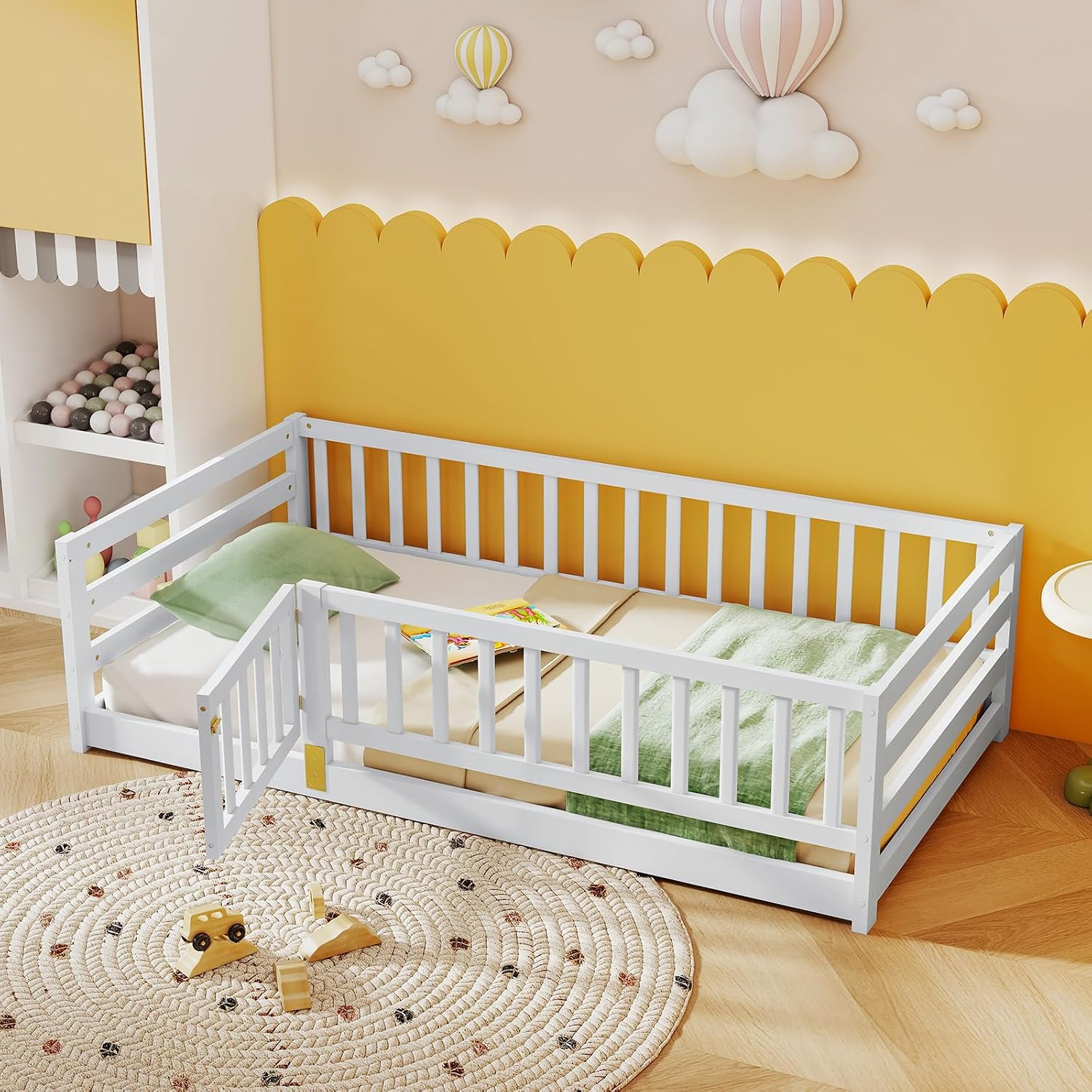 KOMFOTT Twin Size Wood Floor Bed with Door & 21.5' Fence, Montessori Bed Frame with Full Length Safety Guardrails, Door & Latch, Wooden Montessori Floor Bed for Kids, Girls, Boys