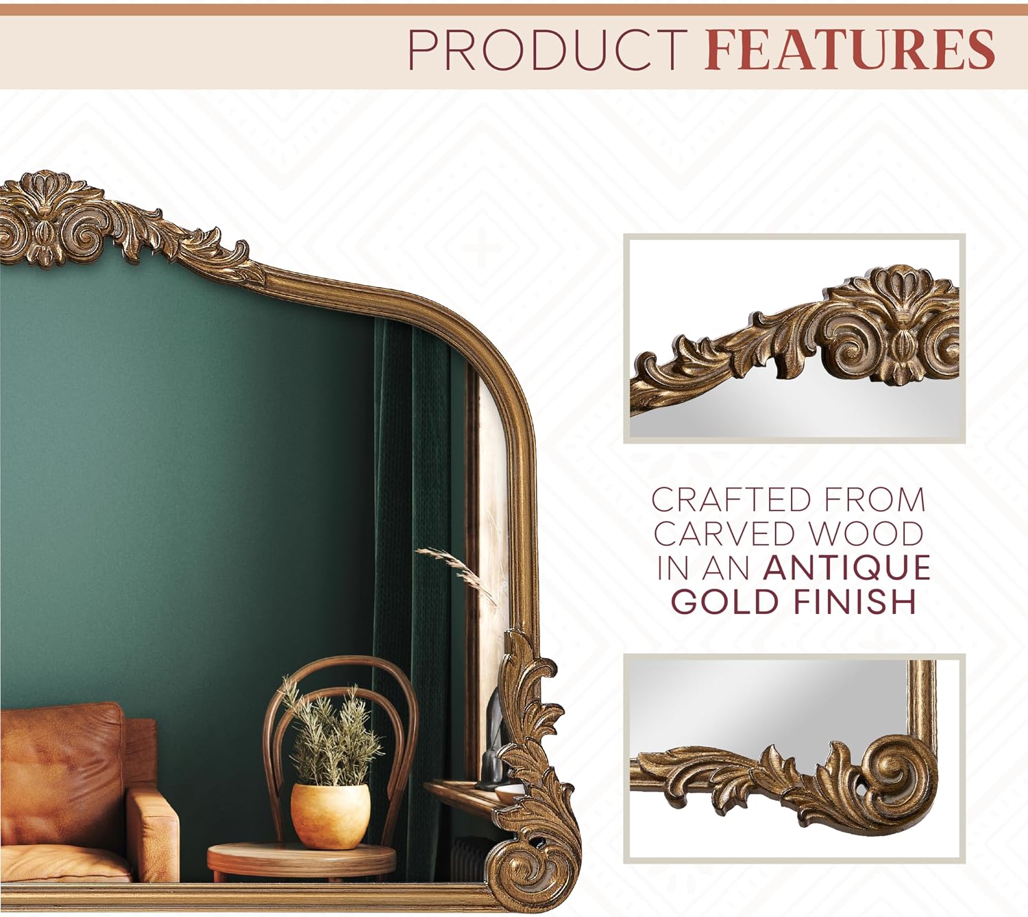 Wylde Iris English Estate Carved Arch Wood Wall Mirror, Mirror for Entryway, Living Room, Bathroom, Antique Gold, 26x37