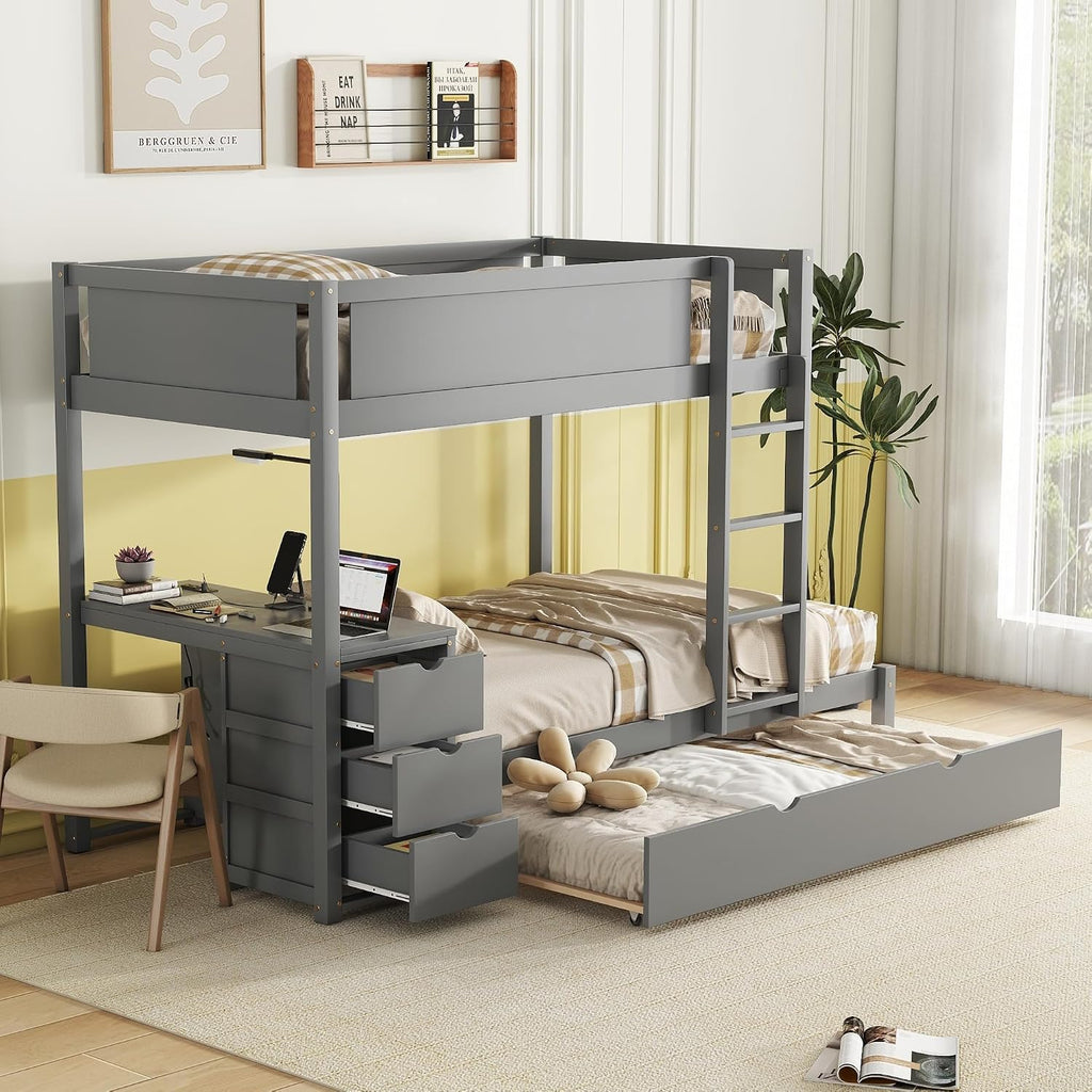 Ball & Cast Twin-Over-Twin Bunk Bed with Twin Size Trundle,Solid Wood Bedframe W/Desk & Drawers,USB,Space Saving,Easy Assembly,Multifunctional Bedroom Furniture Set for Boys Girls Teens,Gray
