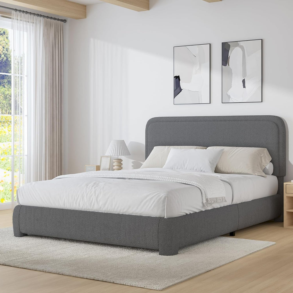 BarnFurin Full Size Bed Frame, Upholstered Platform Bed with Headboard, Boucle Soft and Cloud Bed Frame, No Box Spring Required, Non-Slip and Noise-Free, Easy Assembly, Dark Grey