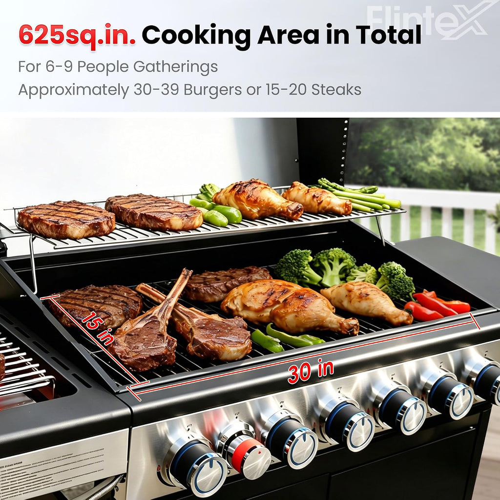 Flintex Multi-Function Propane Gas Grill with Various Grates, 6-Burner Outdoor BBQ Grill with Porcelain-Enameled Cast Iron Grates & Griddle, 54,600 BTU Output, 625 sp.in. Cooking Area, Black