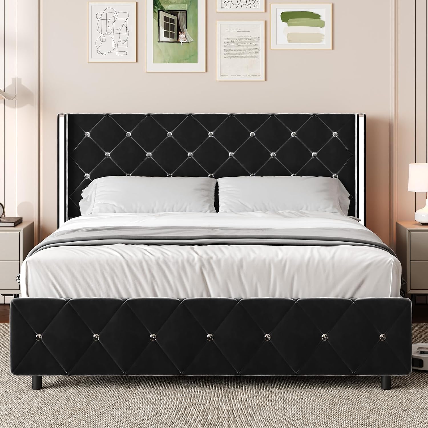 HOMBCK Full Size Bed Frame with Headboard, Velvet Upholstered Full Size Bed with Diamond Tufted Wingback Headboard, 800lbs Heavy Duty Support, Sliver Metal Edge Accents, No Box Spring Needed, Black