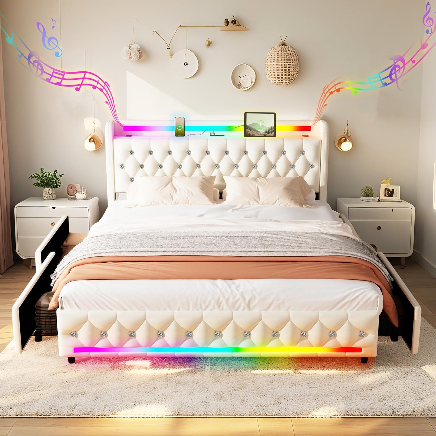 Juego 5-in-1 Full Bed Frame with Bluetooth Speakers,LED Light,Charging Station,4 Drawers Storage,Wooden Slats Support,Modern Velvet Upholstered Platform Bed with Headboard,No Box Spring Needed,Beige