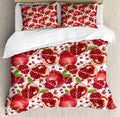 Ambesonne Harvest Duvet Cover Sets, Exotic Tropical Pattern Complete and Peeled Pomegranates Image with Leaves, Bedding Set with 2 Duvet Covers & 4 Pillowcases, 2 Pack Queen Size, White and Vermilion