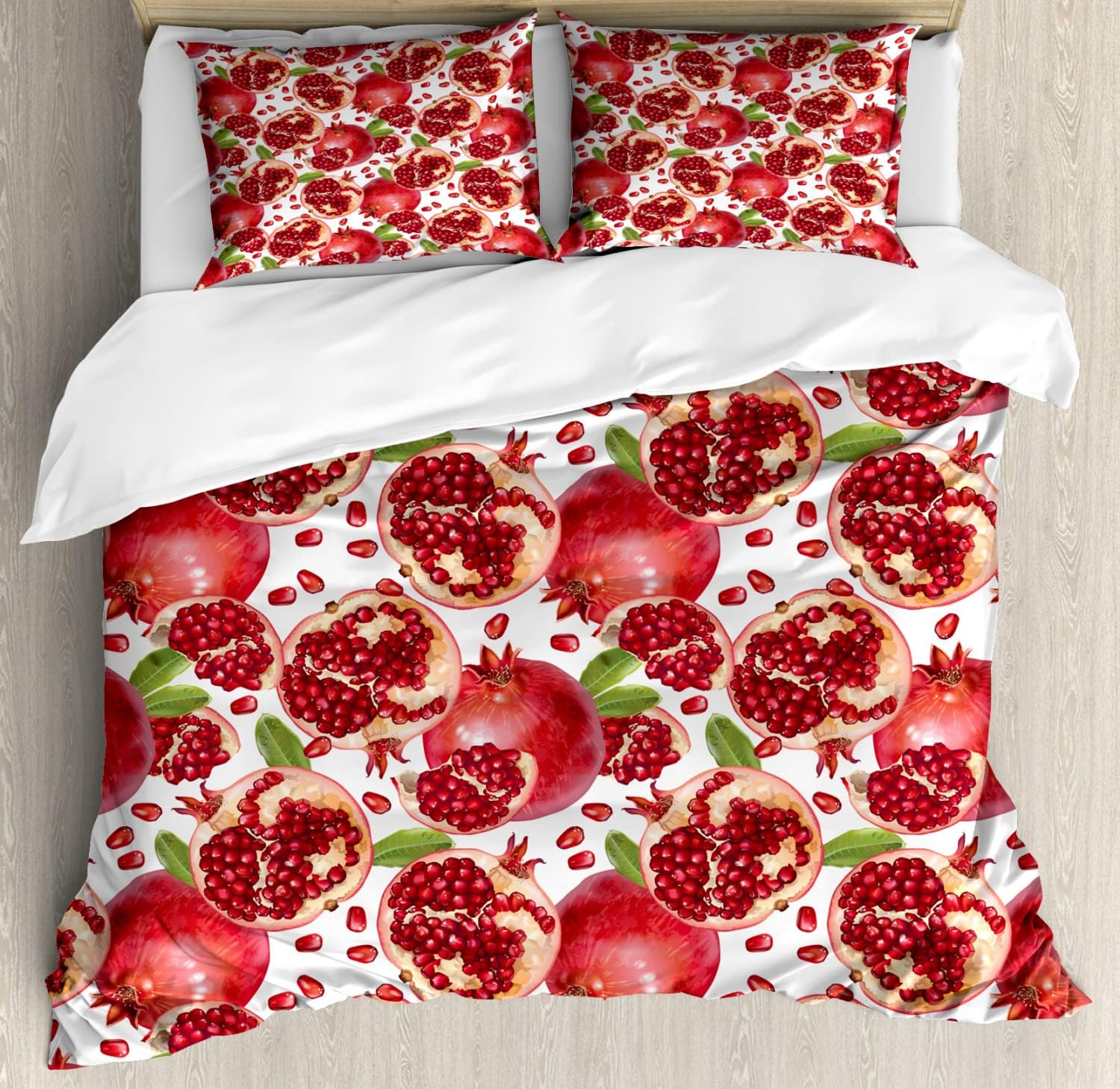 Ambesonne Harvest Duvet Cover Sets, Exotic Tropical Pattern Complete and Peeled Pomegranates Image with Leaves, Bedding Set with 2 Duvet Covers & 4 Pillowcases, 2 Pack Queen Size, White and Vermilion