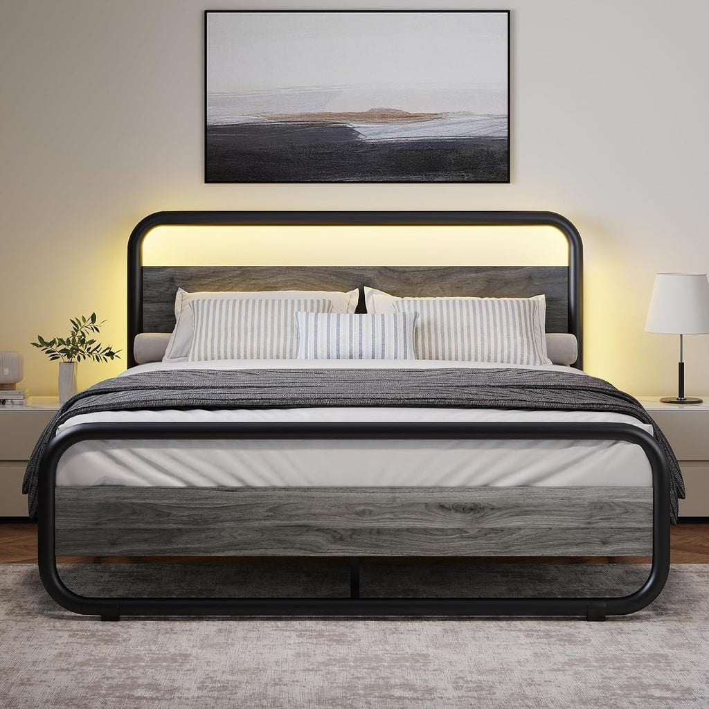 Catrimown Queen Bed Frame with LED Lights, Heavy Duty Metal Rustic Platform Bed Frame Queen Size with Headboard, Noise Free, No Box Spring Needed, Wash Gray