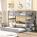 Harper & Bright Designs Twin-Over-Twin Bunk Bed with Trundle and Storage Staircase, Solid Wood 3 in 1 Stairway Bunk Bed with Trundle, Grey