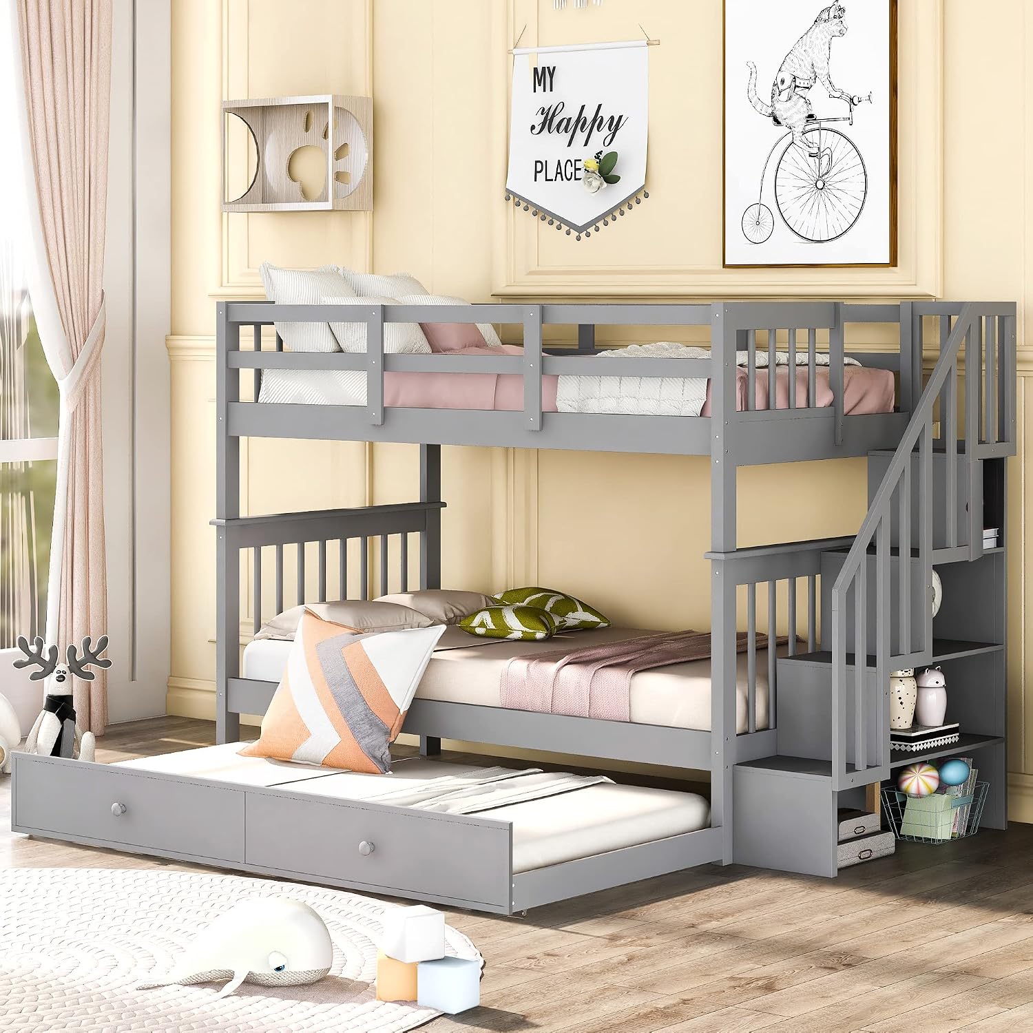 Harper & Bright Designs Twin-Over-Twin Bunk Bed with Trundle and Storage Staircase, Solid Wood 3 in 1 Stairway Bunk Bed with Trundle, Grey
