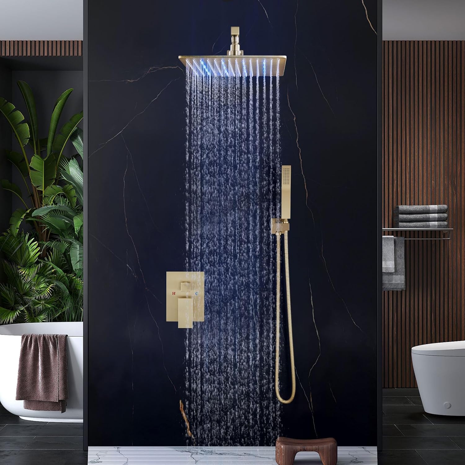Aolemi Shower Faucet Set with Handheld Spray High Pressure Shower System Shower Faucets Sets Complete Rough-in Valve and Shower Trim Kit Wall Mount Rainfall 16 Inch LED Shower Head Brushed Gold