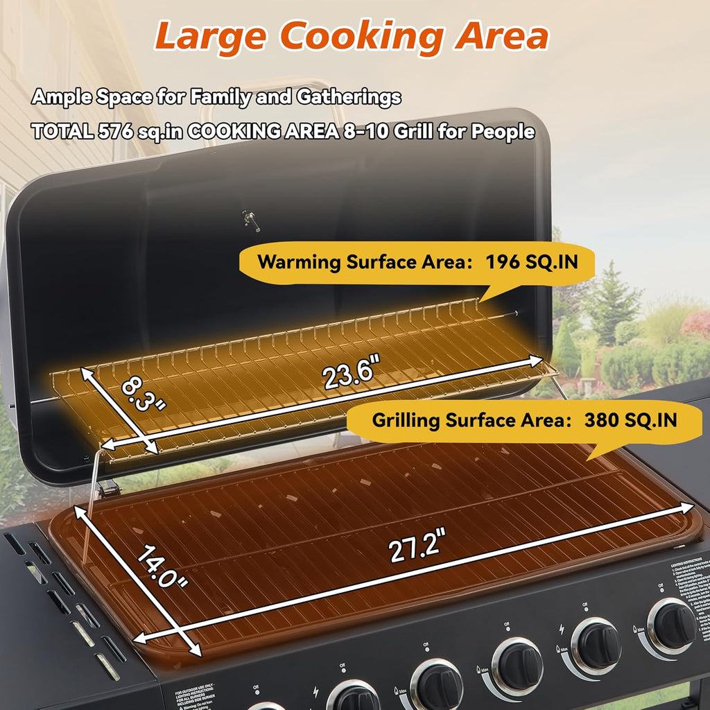 6-Burner Propane Gas Grills for Outdoor Cooking, 59000 BTU BBQ Portable Flat Top Grill Output Stainless Steel Barbecue Grill with Cabinet & Rolling Wheels and Side Tables (6 IN 1)