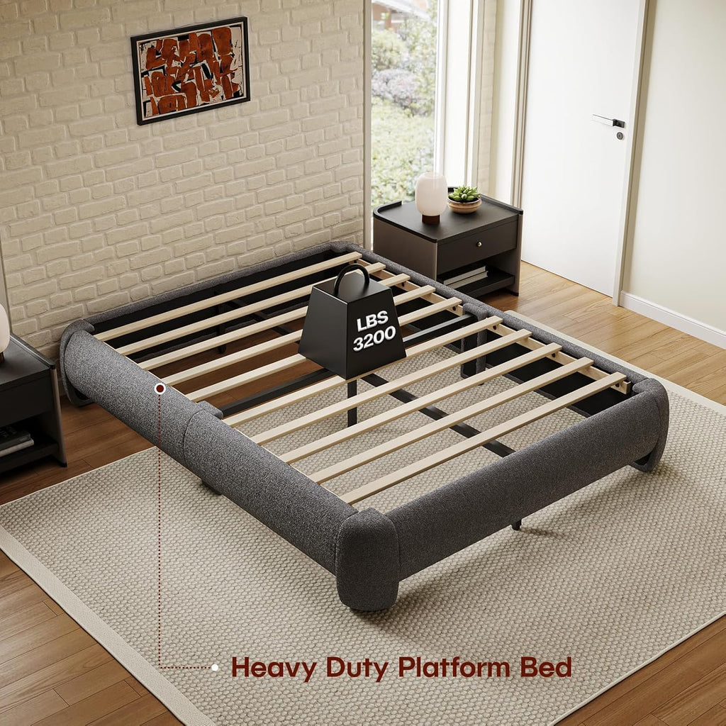 Cloud Bed Frame King Size, Soft Boucle Bed Frame with Round Corner, Upholstered King Size Bed Frame with Heavy Duty Wood Slat, No Box Spring Needed, Easy Assembly, Dark Grey