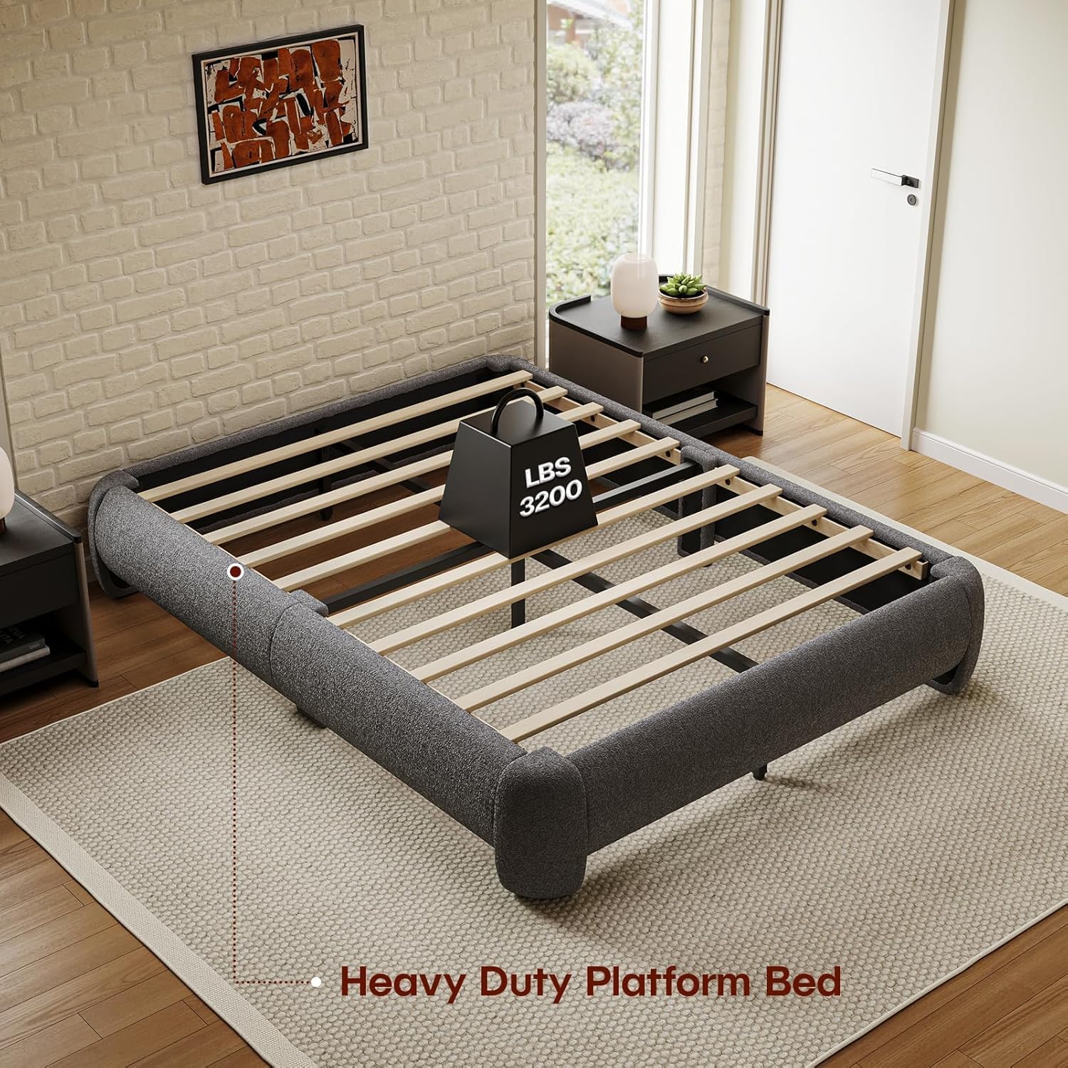 Cloud Bed Frame King Size, Soft Boucle Bed Frame with Round Corner, Upholstered King Size Bed Frame with Heavy Duty Wood Slat, No Box Spring Needed, Easy Assembly, Dark Grey