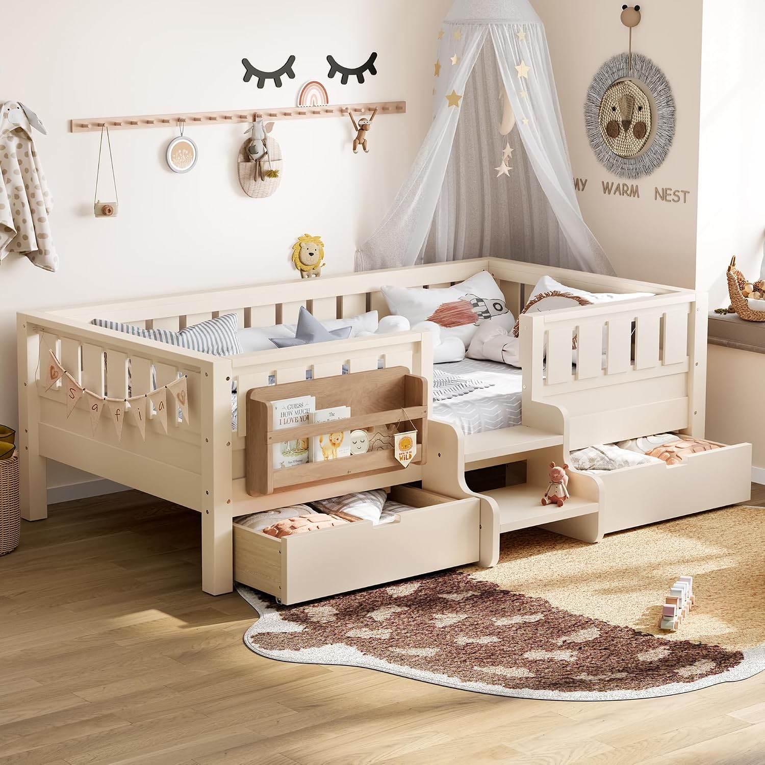 Bellemave Twin Montessori Bed with Stairs, Rails and Slats, Twin Size Montessori Floor Bed with Bookshelf and 2 Storage Drawers, Easy Assemble Beds Frame for Girls, Boys, Beige