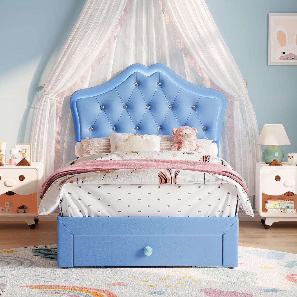 Garvee Twin Size Bed Frame with LED Lights & Velvet Crystal Button Headboard, Upholstered Boy/Girl Platform Bed with Storage Drawer, Noise Free, No Box Spring Needed for Kids, Teens, Blue
