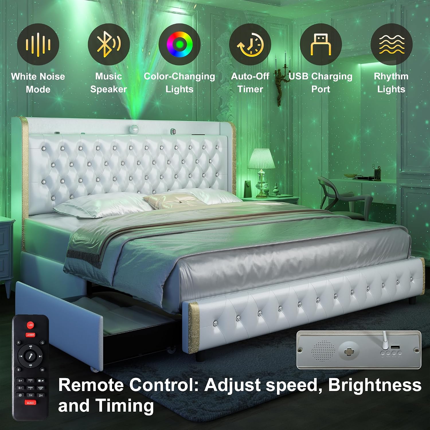 GEGOFORU Full Bed Frame with LED Lights & Galaxy Projector, Modern Wingback Platform with 4 Storage Drawers, USB Ports, Noise-Free Solid Wood Slats, No Box Spring Needed, PU White