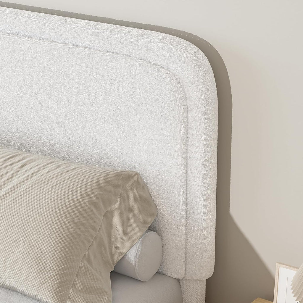 BarnFurin Boucle Upholstered Bed Frame King Size/Cloud Bed Frame/Soft Rounded Corners Headboard/Low Profile/No Box Spring Needed/Non-Slip and Noise-Free/White
