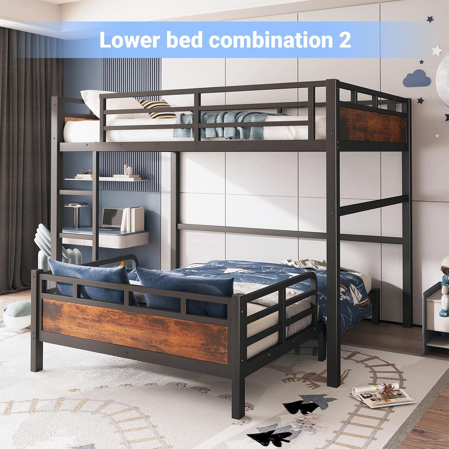 Full Over Full Bunk Bed, Convertible Metal Bunk Beds Can Separate into Loft Bed and Platform Bed, Heavy Duty Noise-Free Bed Frame with Safety Rails for Adults Teens Kids, Black