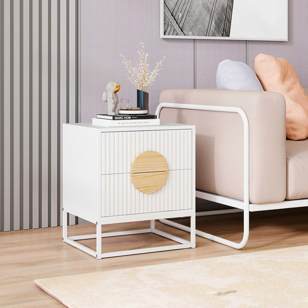 Giantex Fluted Nightstand with 2 Drawers Set of 2, White Wood Bedside Table with Natural Circle Handle & Metal Frame, Minimalist Accent End Table, Modern Mid Century Night Stand for Bedroom