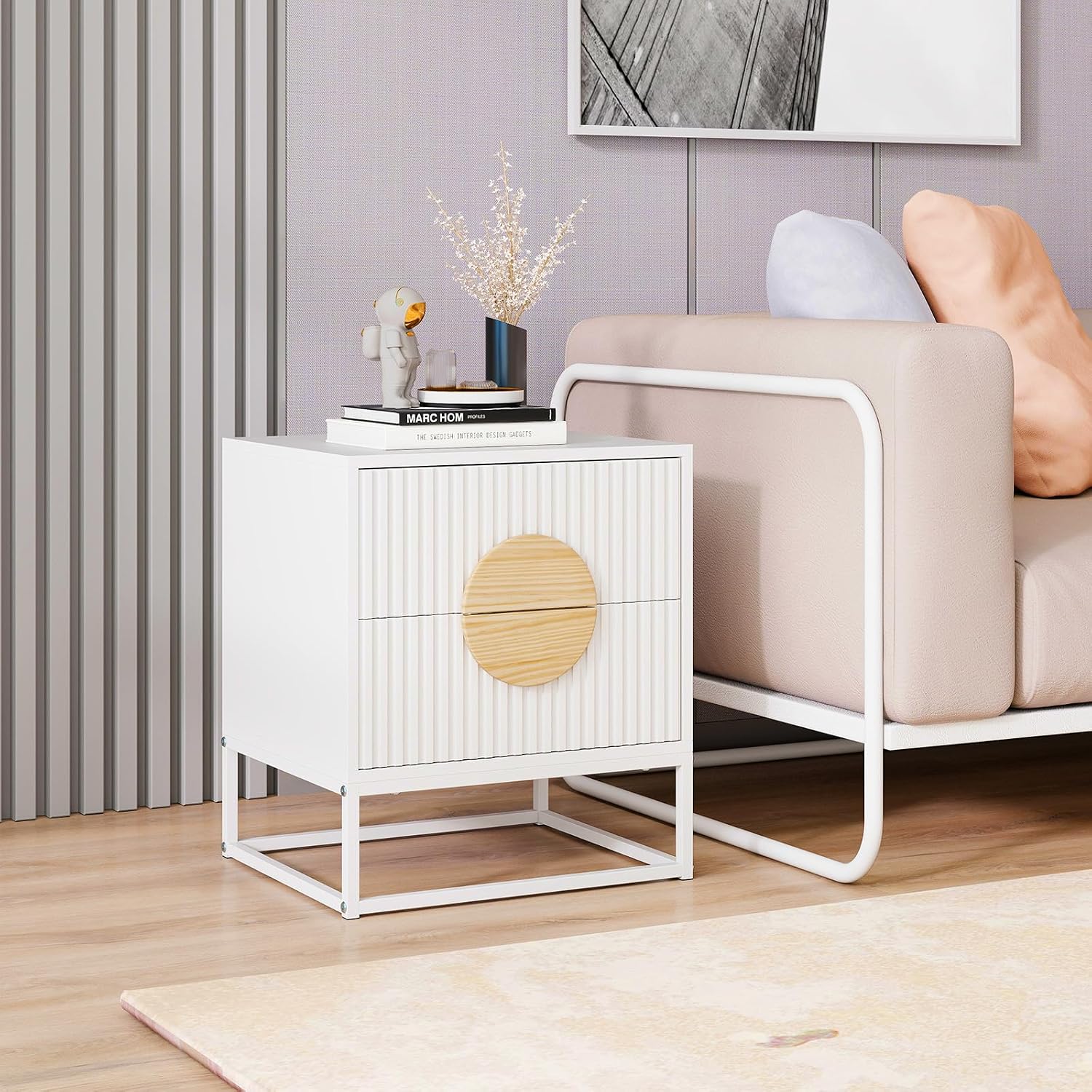 Giantex Fluted Nightstand with 2 Drawers Set of 2, White Wood Bedside Table with Natural Circle Handle & Metal Frame, Minimalist Accent End Table, Modern Mid Century Night Stand for Bedroom