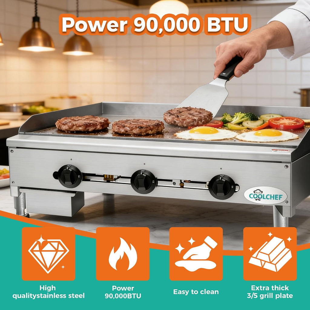 Commercial Gas Griddle - 36' Electric Countertop 90,000 BTU Flat Top Griddle, Natural Gas (NG) / Propane, CSA Certified Stainless Steel Teppanyaki Grill for Restaurants (36' W)