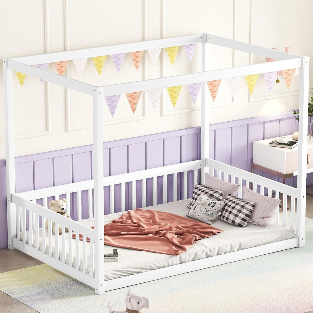 CZBZ Full Size Rubber Wood Canopy Floor Bed with Guardrails, White — Modern Minimalist Bedroom Centerpiece for Rest, Reading & Quiet Play