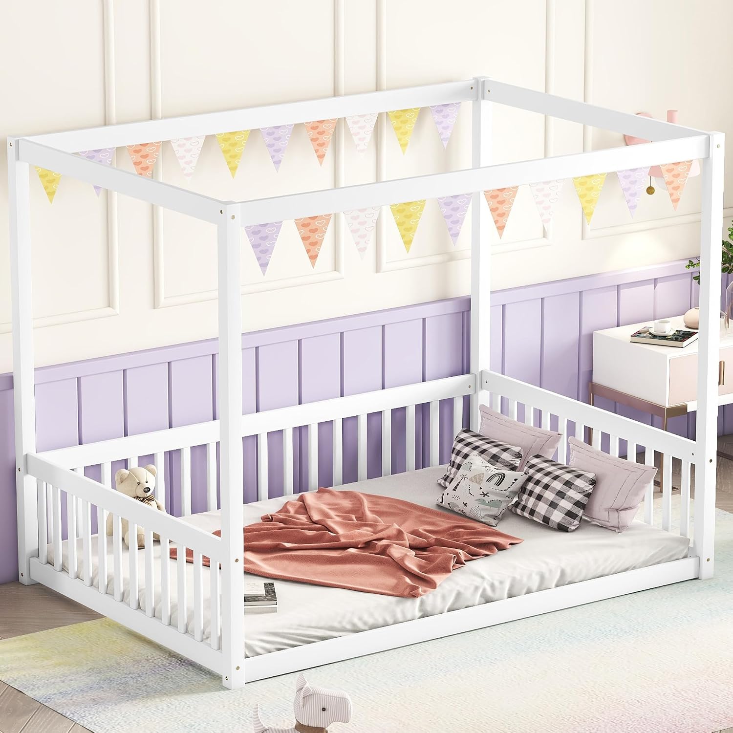 CZBZ Full Size Rubber Wood Canopy Floor Bed with Guardrails, White — Modern Minimalist Bedroom Centerpiece for Rest, Reading & Quiet Play