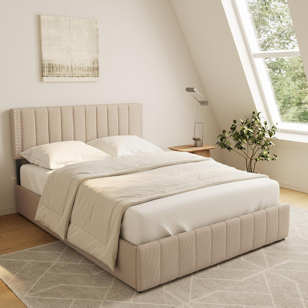 Gizoon Upholstered Full Bed Frame with 4 Storage Drawers, Headboard Adjustable, Noise Free, Wooden Slats Support, Fits 6' to 12' Mattress, No Box Spring Needed