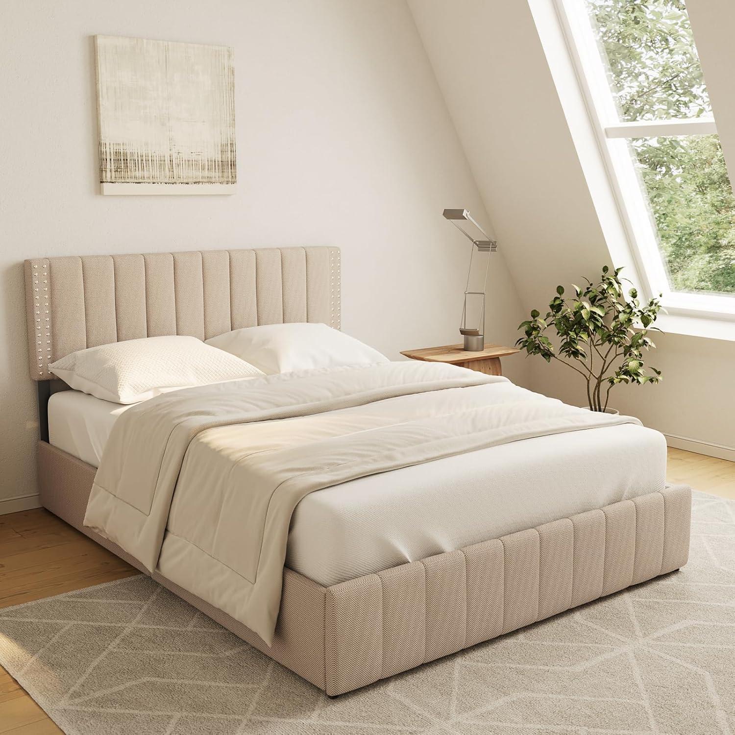 Gizoon Upholstered Full Bed Frame with 4 Storage Drawers, Headboard Adjustable, Noise Free, Wooden Slats Support, Fits 6' to 12' Mattress, No Box Spring Needed