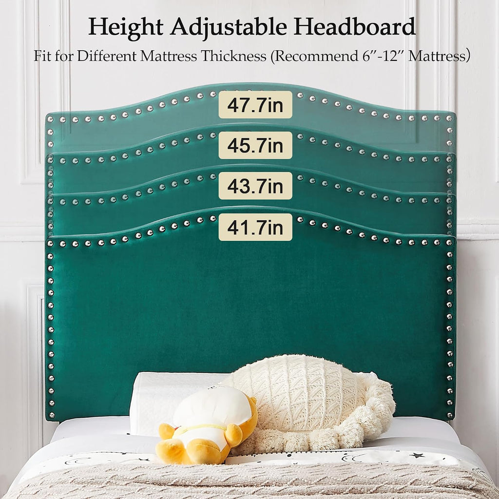 VECELO Twin Bed Frame, Platform Bed Frame with Adjustable Height Upholstered Headboard, Heavy-Duty Frames and Strong Wooden Slats Support, Non-Slip and Noise-Free, Easy Assembly, Dark Green