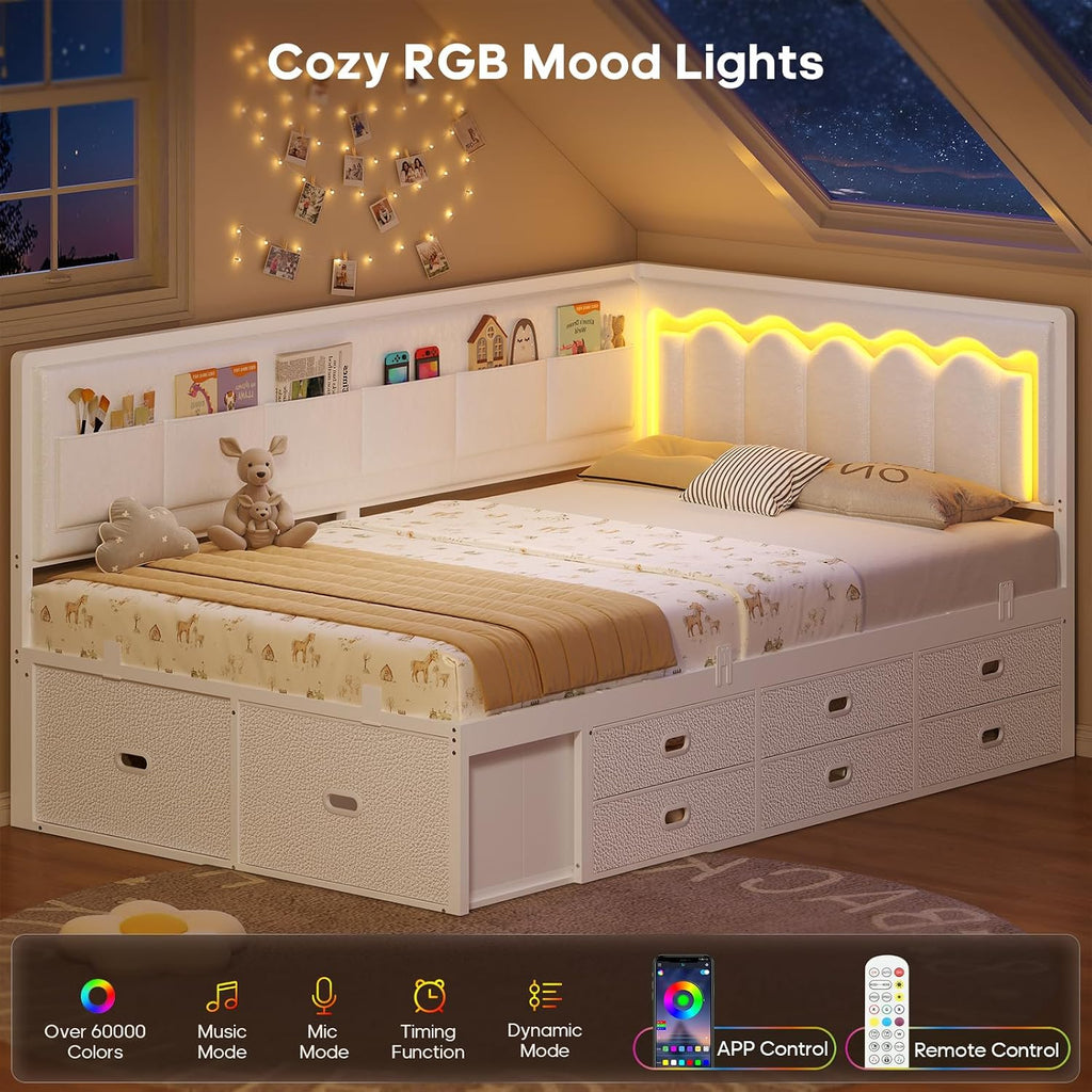 ADORNEVE Twin Corner Bed Frame with 8 Drawers, 6 Storage Pockets, Twin Daybed with Storage and RGB Wave Lights, Twin Size Platform Bed with L-Shaped Upholstered Guardrail for Kids Teen,White