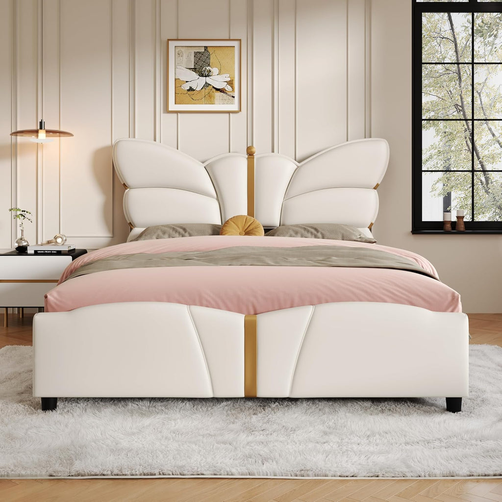 Merax PU Leather Upholstered Platform Bed with Butterfly Shaped Headboard and Footboard, Full Size Bed Frame for Bedroom, Solid Wood Slats Support, No Box Spring Needed, Easy Assembly, Beige