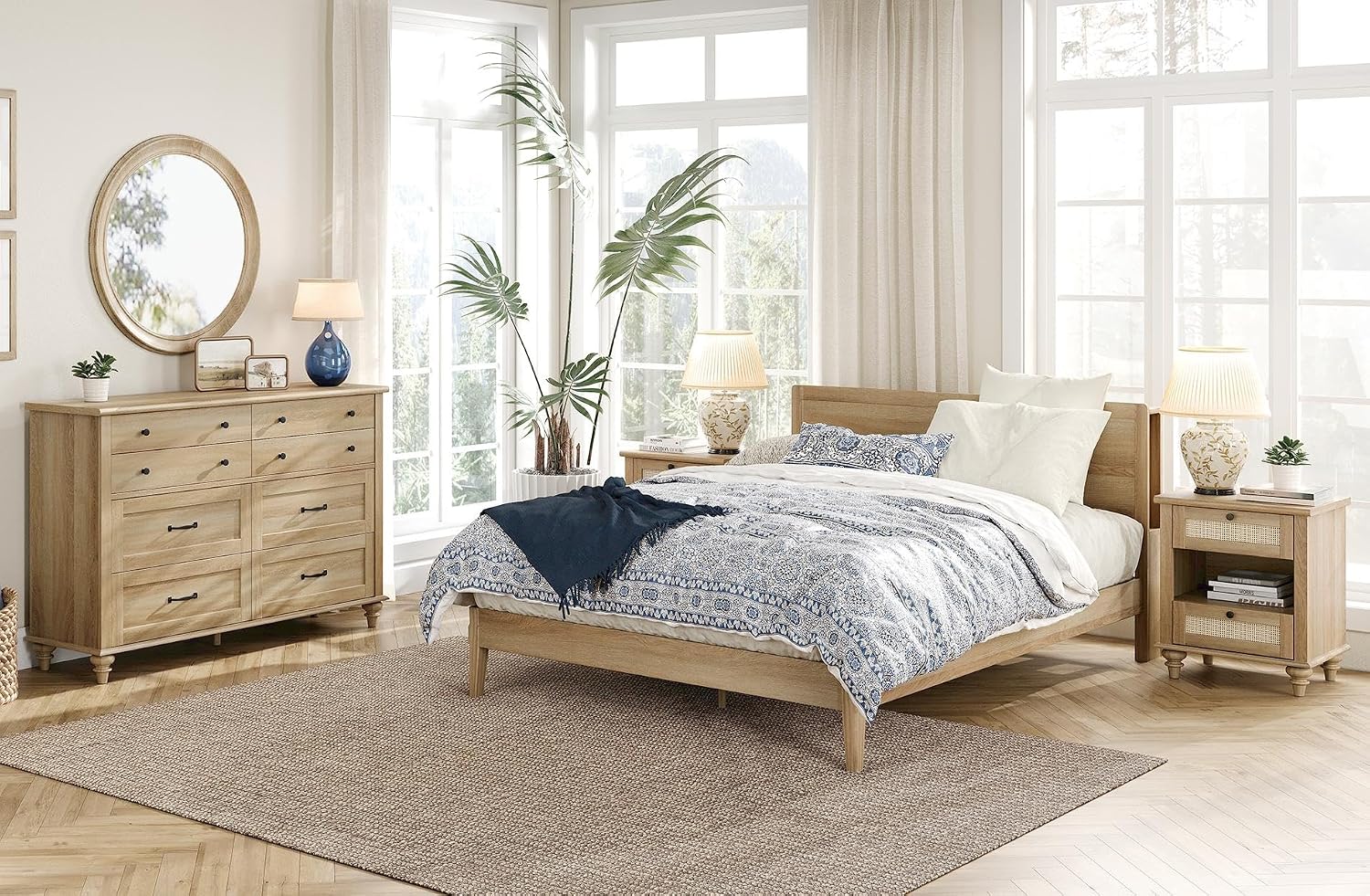 WAMPAT 3 Piece Bedroom Set - Includes Bedroom 8 Drawer Dresser, Set of 2 Bedside Tables with Charging Station & Rattan Drawer, 3 Piece Dresser and Nightstand Sets, Oak