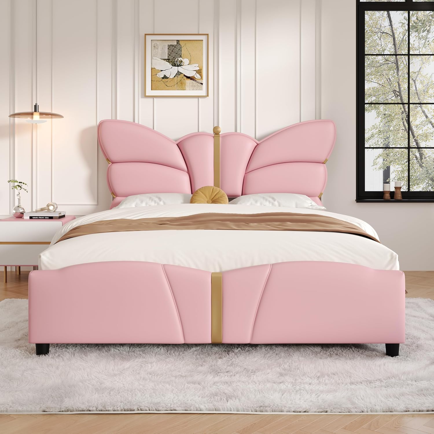 Merax PU Leather Upholstered Platform Bed with Butterfly Shaped Headboard and Footboard, Queen Size Bed Frame for Bedroom, Solid Wood Slats Support, No Box Spring Needed, Easy Assembly, Light Pink