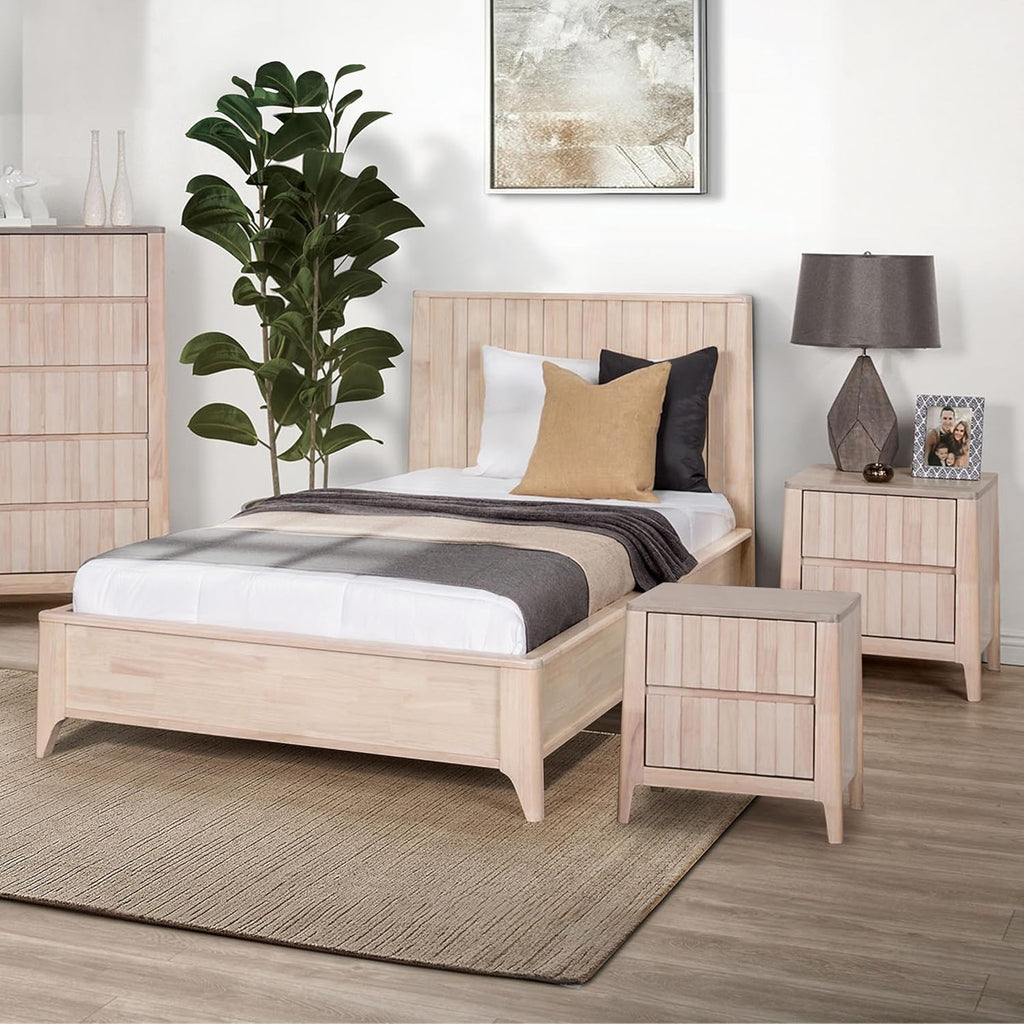 Furniture of America Elysia Mid-Century Modern 3-Piece Bedroom Collection with Vertical Fluting Bedframe, 2-Drawer Nightstands Set of 2, No Box Spring Required for Home, Guest Room, Twin, White Wash