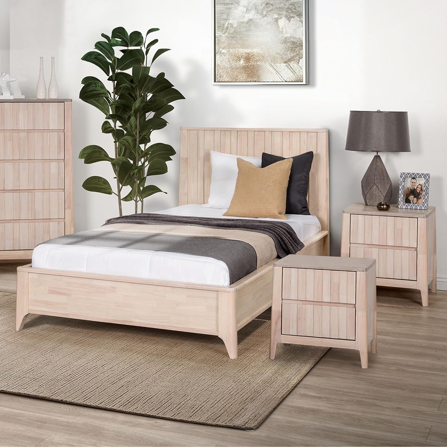 Furniture of America Elysia Mid-Century Modern 3-Piece Bedroom Collection with Vertical Fluting Bedframe, 2-Drawer Nightstands Set of 2, No Box Spring Required for Home, Guest Room, Twin, White Wash