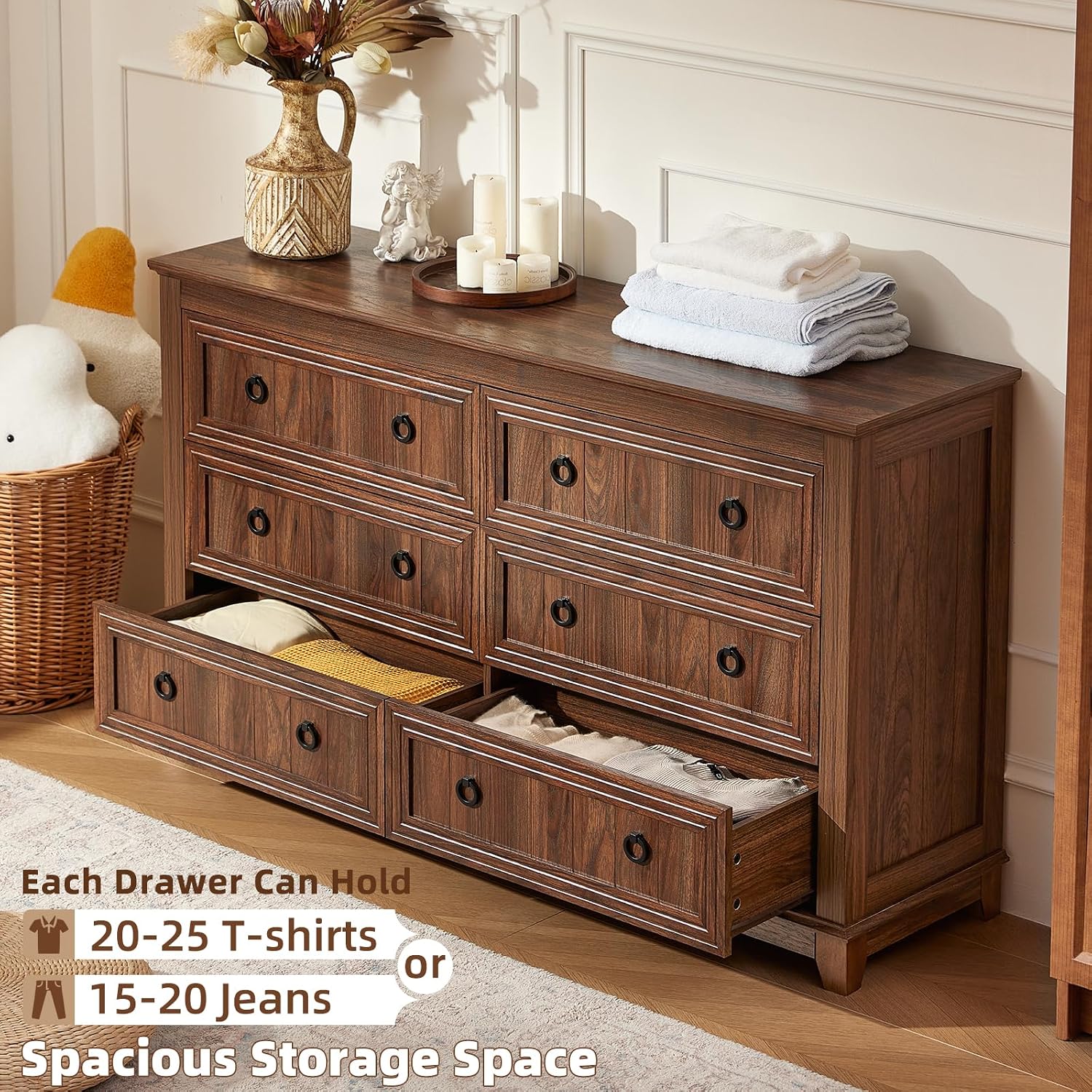 Joaxswe 6 Drawers Dresser for Bedroom, Farmhouse 54'' Dresser Chest of Drawers, Vintage Design Wood TV Stand, Rustic Storage Dressers Organizer for Bedroom, Living Room, Hallway-Brown