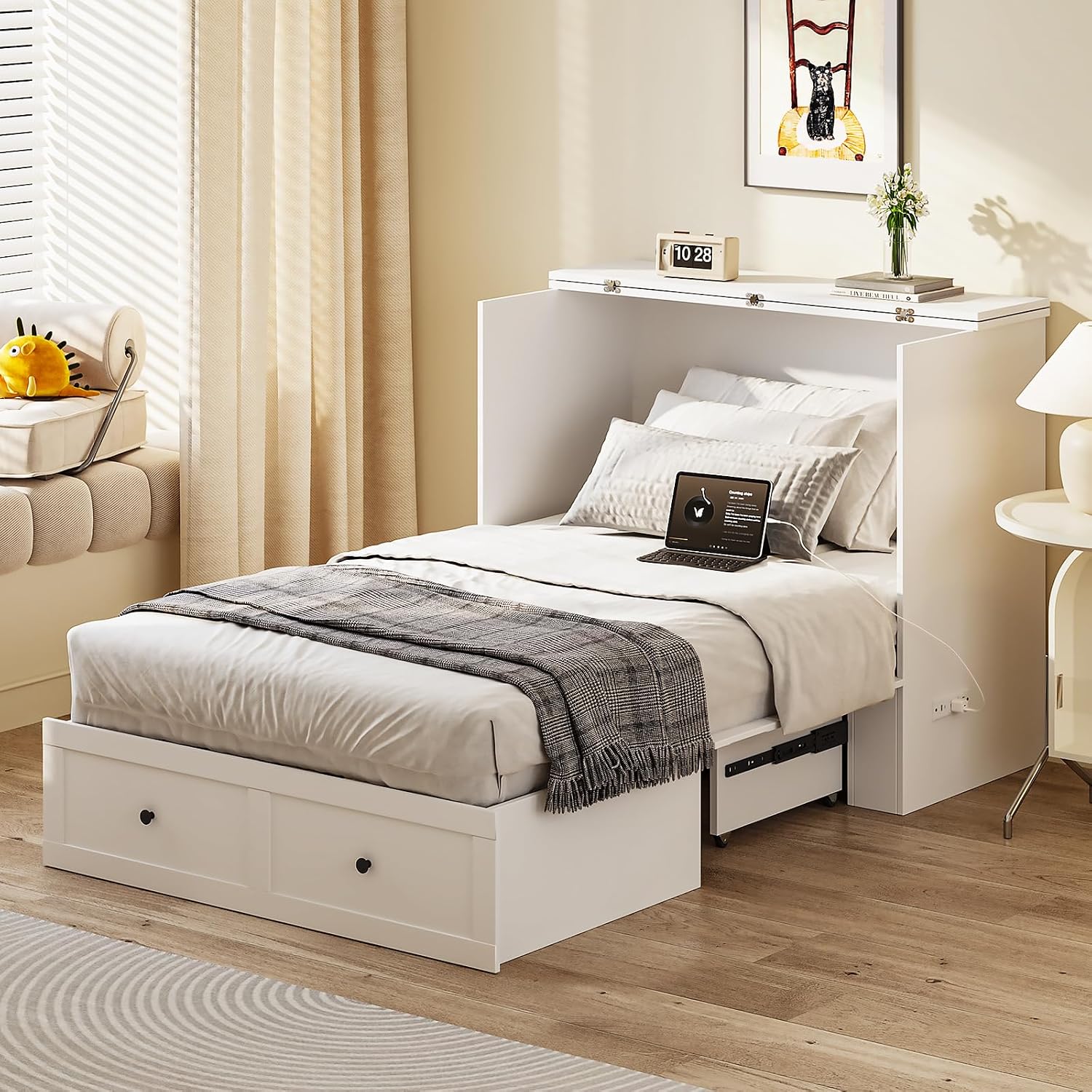 LIVAUVEAD Twin Murphy Bed with Built-in Charging Station, Space-Saving Murphy Bed Chest Twin with Drawer, Foldable, for Home Office Guest Room Bedroom White