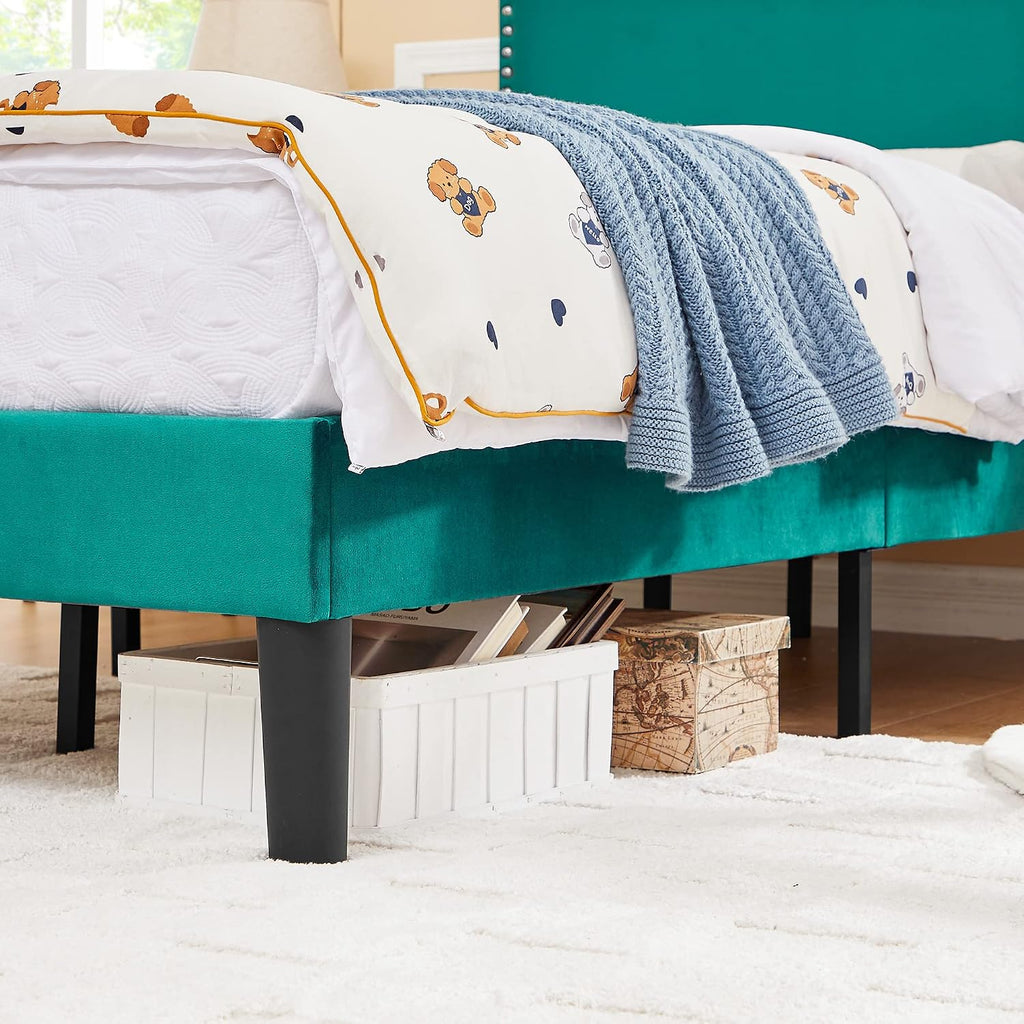 VECELO Twin Bed Frame, Platform Bed Frame with Adjustable Height Upholstered Headboard, Heavy-Duty Frames and Strong Wooden Slats Support, Non-Slip and Noise-Free, Easy Assembly, Dark Green