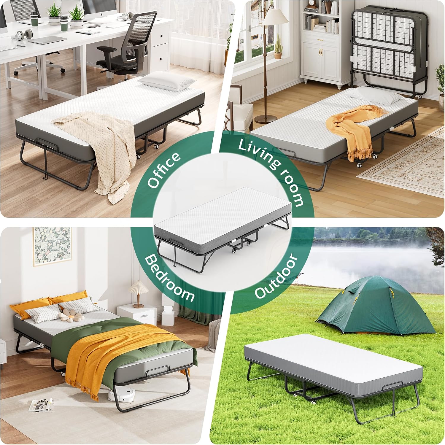 Greenvelly Folding Bed with 5 Inch Mattress, 75' x 31' Portable Rollaway Bed with Memory Mattress, Foldable Bed with Metal Frame for Adults,Guest,Space-Saving