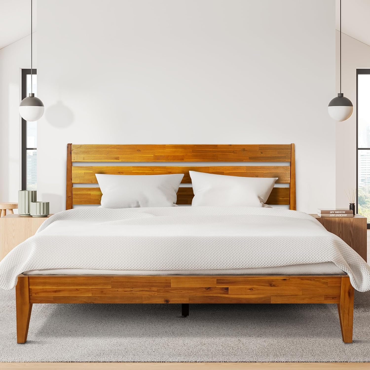 Acacia Emery Bed Frame with Headboard Solid Wood Platform Bed, Queen Size Bed Frame, Mid - Century Modern Wood Bed Compatible with All Mattresses, Easy Assembly, Non-Slip, Caramel.