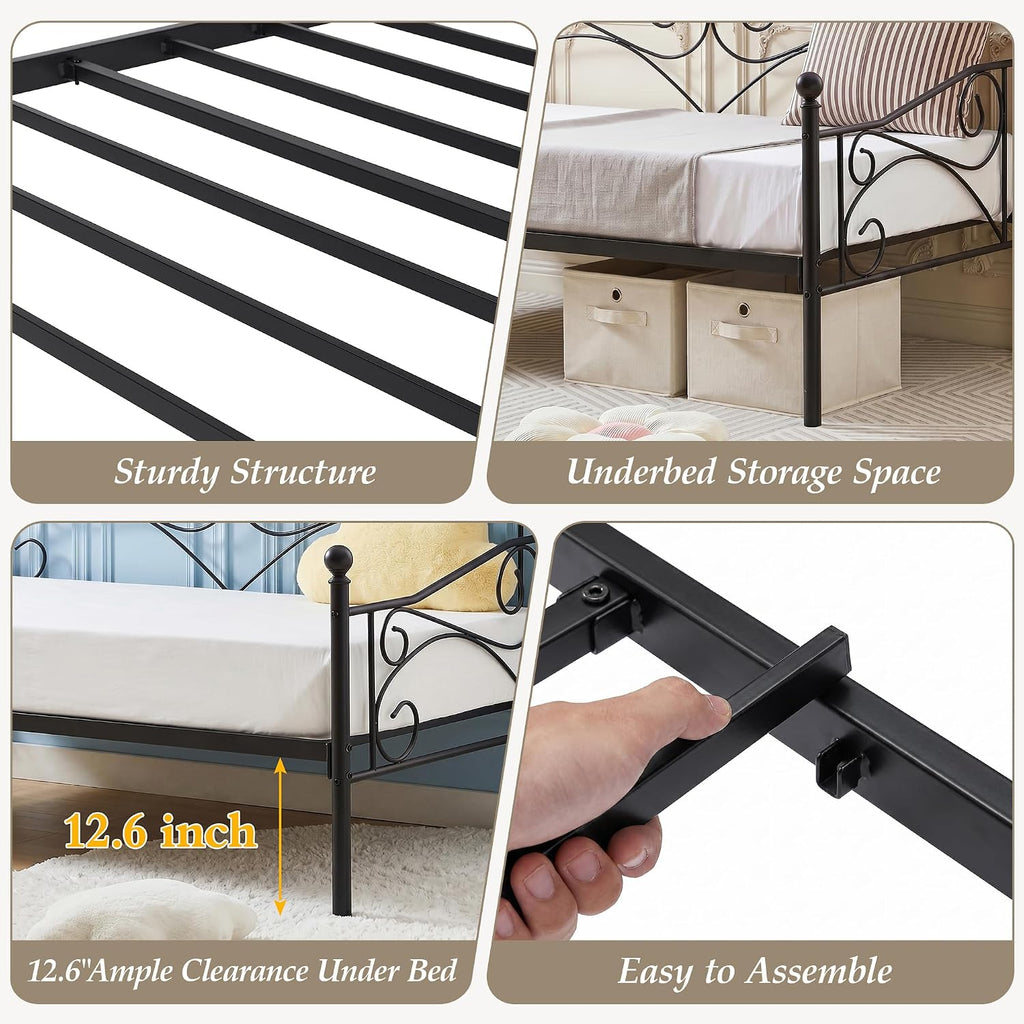 VECELO Daybed Frame, Twin Size Metal Platform Bed with Headboard,Heavy Duty Steel Slats Support for Living Room Bedroom Guest Room, Easy Assembly