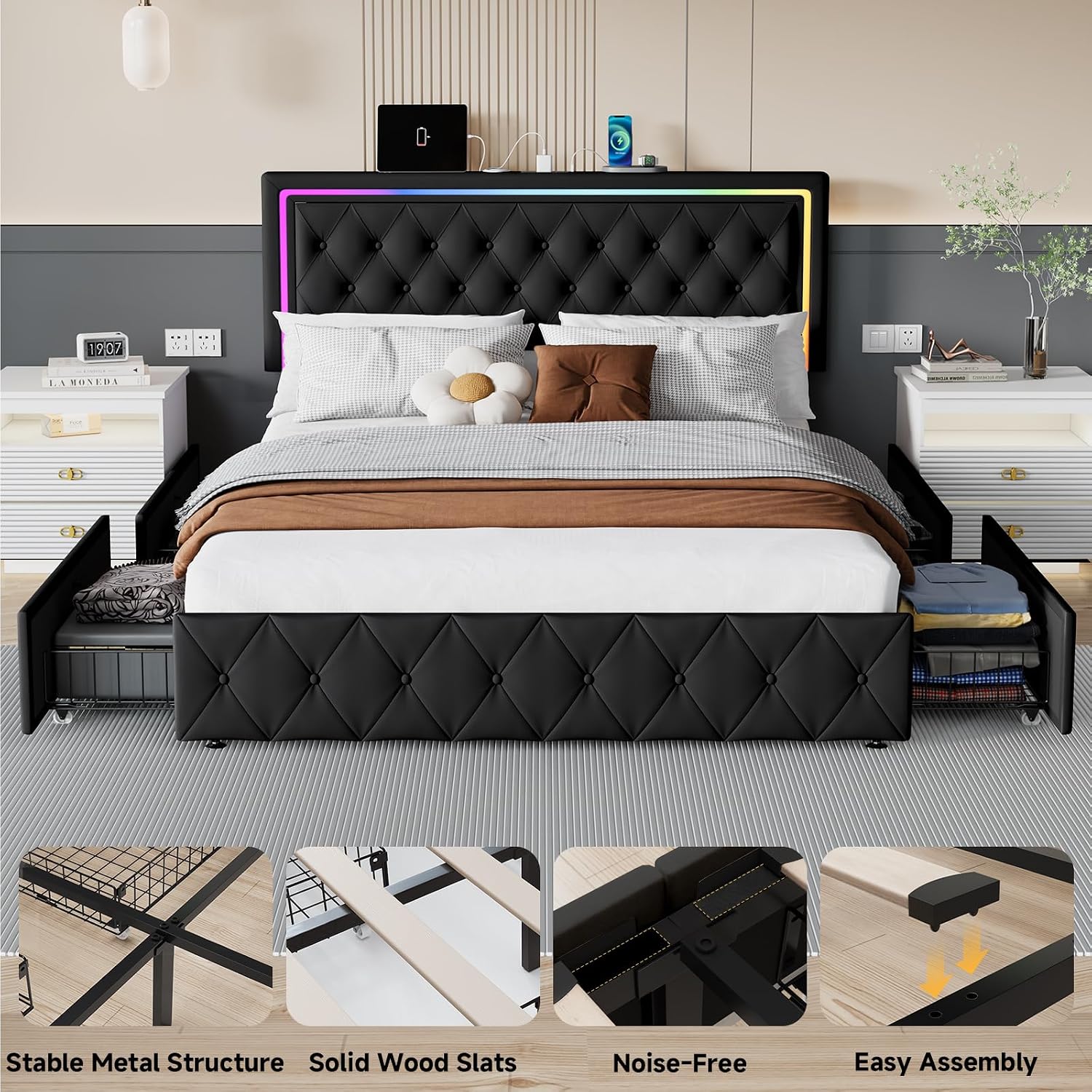 LED Full Size Bed Frame with Headboard and Storage,Full Bed Frame with 4 Storage Drawers and LED Lights,Velvet Upholstered Platform Bed Frame Full Size with Charging Station,No Box Spring Needed,Black