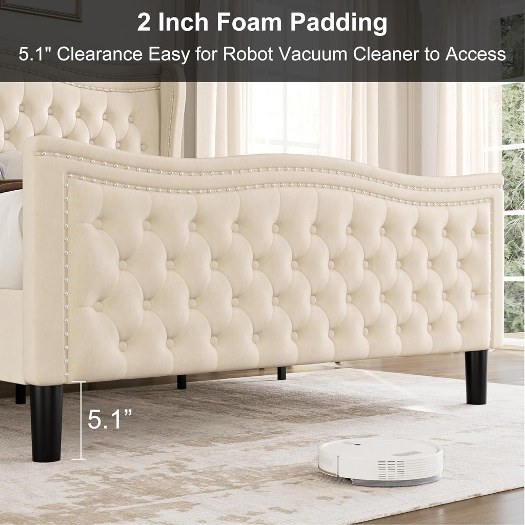 Queen Bed Frame with Tall Headboard & Footboard, Velvet Upholstered Platform Bed Frame with Deep Button Tufted Wingback, No Box Spring Needed, Noise Free, Beige