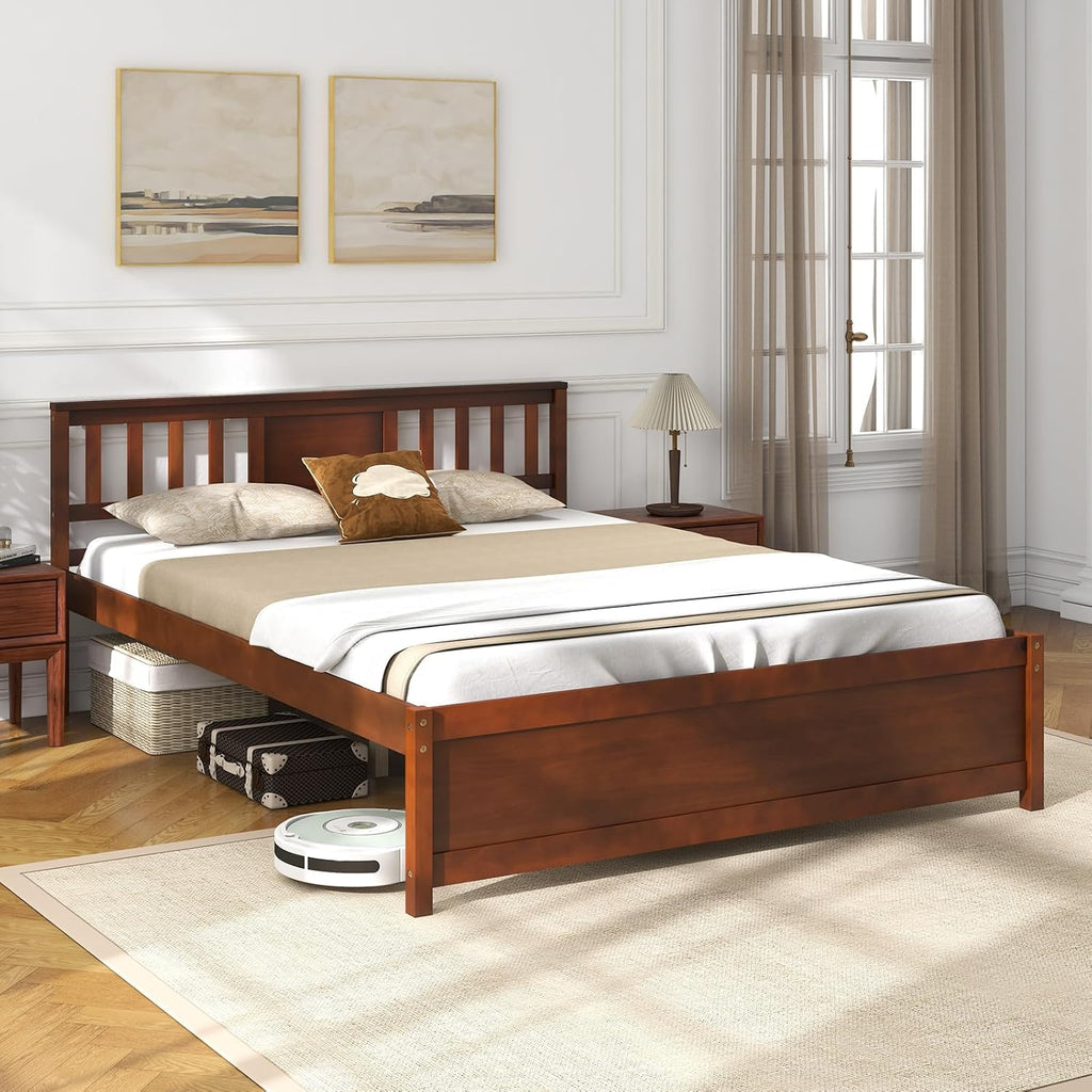 Giantex Queen Size Solid Wood Platform Bed Frame, Mid Century Queen Bed Frame with Headboard, Wood Slat Support, Panel Bed, No Box Spring Needed, Easy Assembly, Walnut