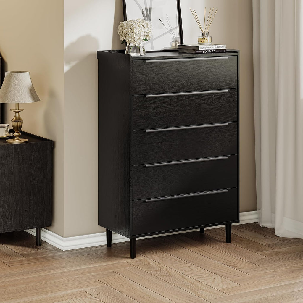 31' W x 48' H Black 5 Drawer Dresser for Bedroom, Modern Tall Chest of Drawers with Raised-Edge Gallery Top, Metal Handles, Tapered Legs, Black Oak